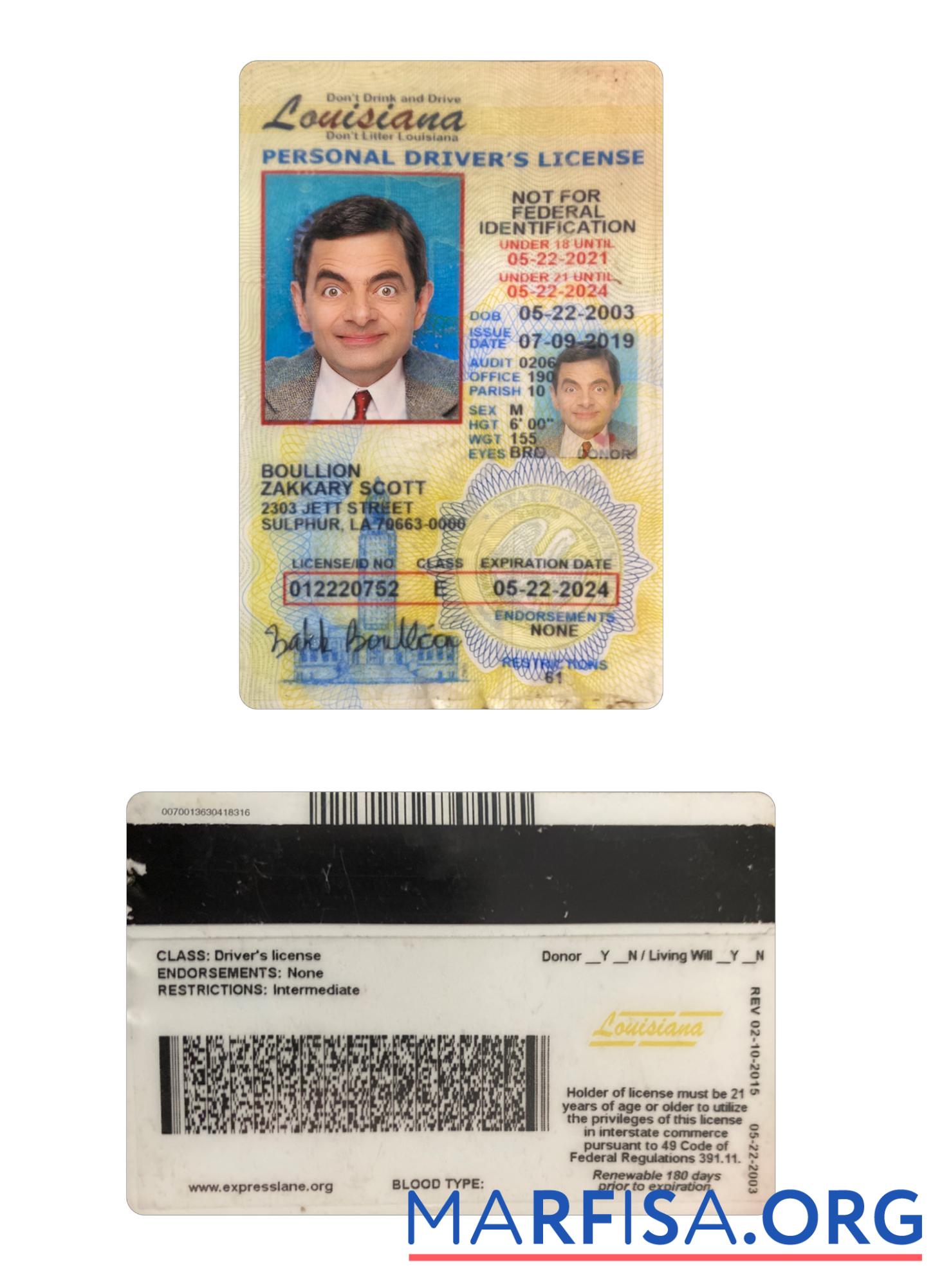 Printable USA Louisiana under 21 driving license download for verification